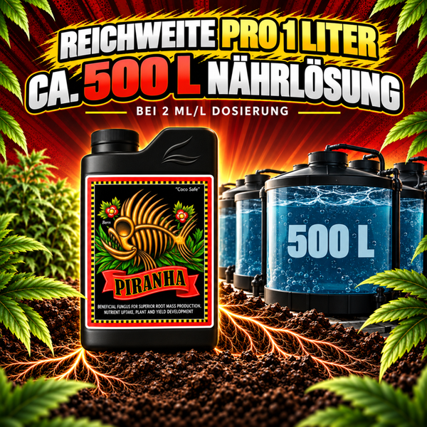 Piranha Pflanzendünger Flasche zur Herstellung von circa 500 Liter Nährlösung für Pflanzenwurzelwachstum.