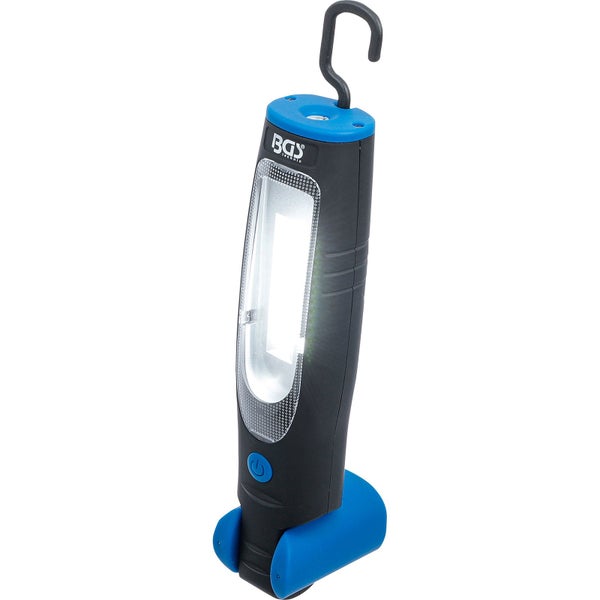 BGS Technic LED-Werkstattlampe mit Aufhängehaken und schwenkbarem Magnetfuß, kabellos, Schwarz-Blau.