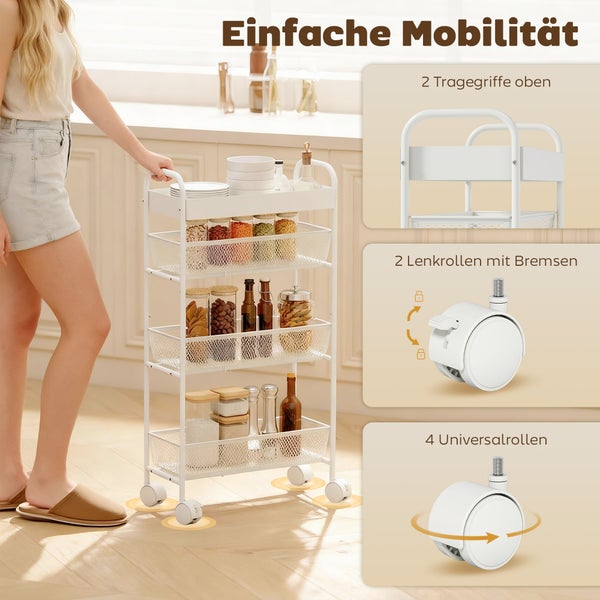 Weißer Rollwagen mit 4 Etagen, Griffen und 4 Universalrollen, davon 2 mit Bremsen. Abgebildet in einer hellen, organisierten Küche.