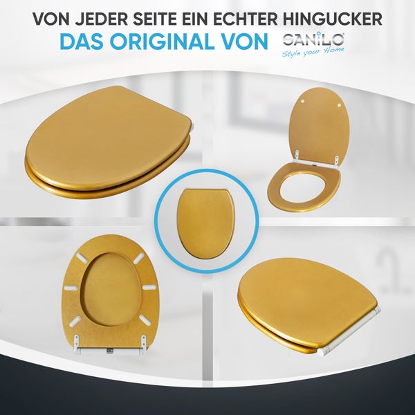 Verschiedene Ansichten eines goldenen Sanilo WC-Sitzes, geschlossen, geöffnet und von der Unterseite. Sanilo Logo.