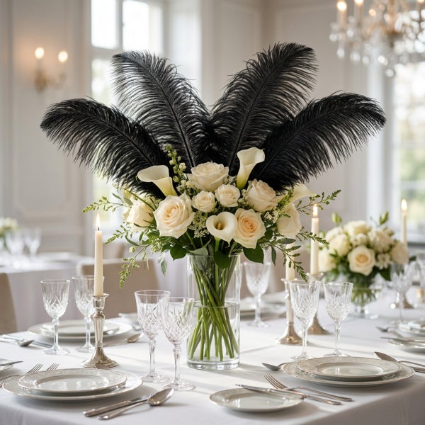 Festlich gedeckter Tisch mit Blumenvase aus Glas, gefüllt mit weißen Rosen, Calla Blumen und großen schwarzen Straußenfedern.