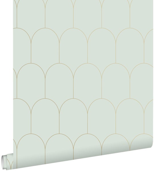ESTAhome Tapete Art Decó Muster Mintgrün und Gold - 53 cm x 10.05 m - 139202