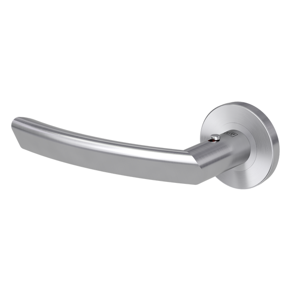 Moderner Türdrücker aus gebürstetem Edelstahl mit Rundrosette und integriertem Sperrknopf.