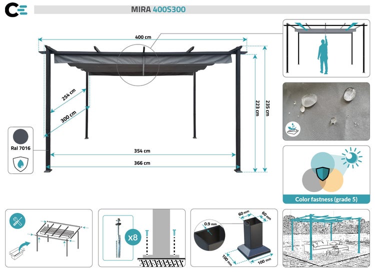 Pergola MIRA 400S300 Hellgrau Freistehend