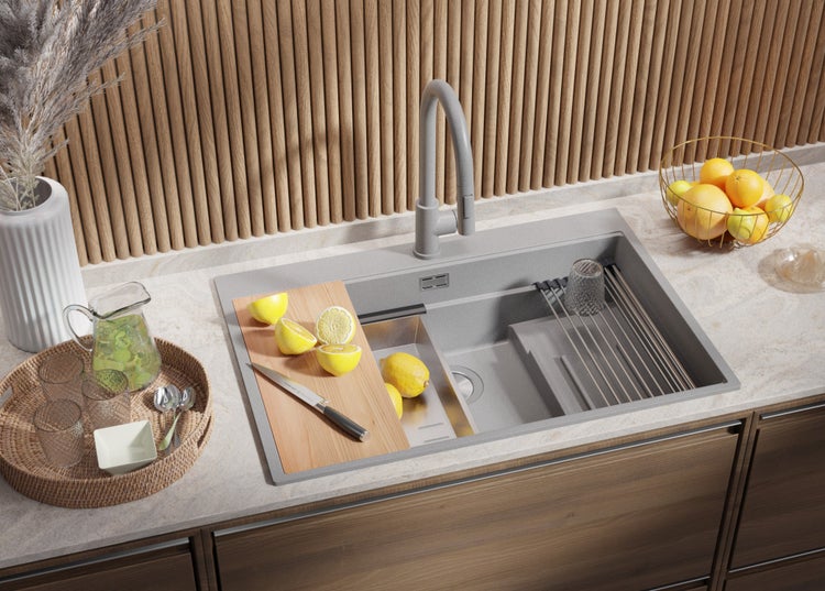 PRIMAGRAN Spülbecken Grau 78x53cm, Granitspüle 1 Becken + Ablauf-Set + Küchenzubehörset, Küchenspüle ab 80er Unterschrank - Oslo Max
