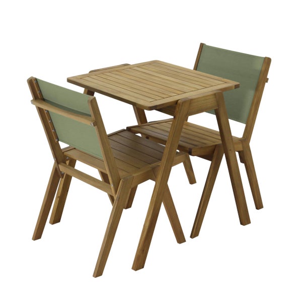 Holz-Bistrosset bestehend aus einem quadratischen Tisch und zwei Stühlen mit grünen Rückenlehnen aus Textilgewebe.