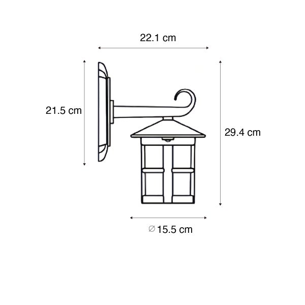 Technische Zeichnung einer Außenwandleuchte mit Abmessungen: Tiefe 22,1 Zentimeter, Höhe 29,4 Zentimeter und Durchmesser 15,5 Zentimeter.