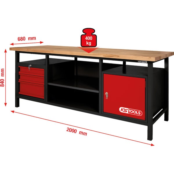 Werkbank mit Schubladen und Schrank, Belastbarkeit 400 kg, Maße 2000x680x840 mm