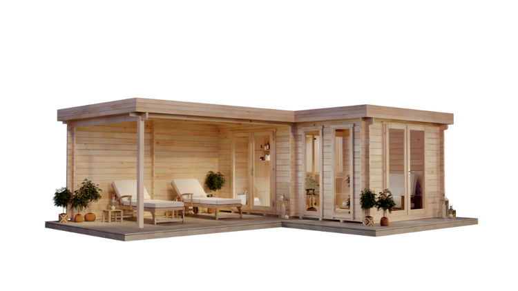 L-förmiges Gartenhaus aus Holz mit Flachdach, Glastüren und überdachter Terrasse mit zwei Liegestühlen und Topfpflanzen.