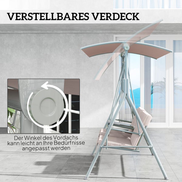 Outsunny Hollywoodschaukel mit Becherhalter und Seitentasche, 2-Sitzer Gartenschaukel mit Sonnendach, Schaukelbank belast bis 180 kg, Gartenliege für Garten, Terrasse, 175 x 112 x 165 cm, Beige