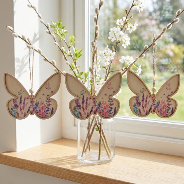 Drei hängende Schmetterlingsdekoanhänger aus Holz mit Blumenmotiv und Juteband, dekoriert an Zweigen in einer Glasvase auf einer Fensterbank.