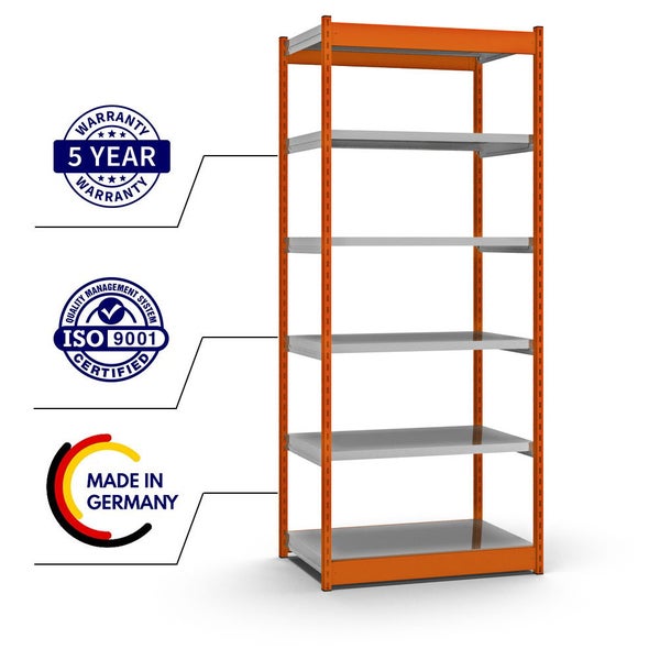 PROREGAL Fachbodenregal Stecksystem Vierkant-Profil Grundregal HxBxT 250 x 102,5 x 60 cm 6 Ebenen Einseitige Bauart Fachlast 200 kg Orange