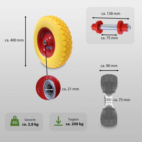 Rad mit gelbem Reifen und roter Felge mit Maßangaben