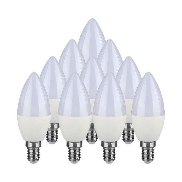Set mit 10 LED Leuchtmitteln in Kerzenform mit E14 Sockel und mattem Glas