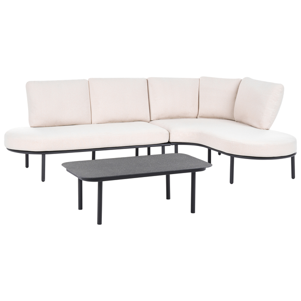 Garten-Lounge-Set bestehend aus einem Ecksofa mit hellen Polstern und einem rechteckigen Couchtisch mit dunkler Platte und Metallgestell.