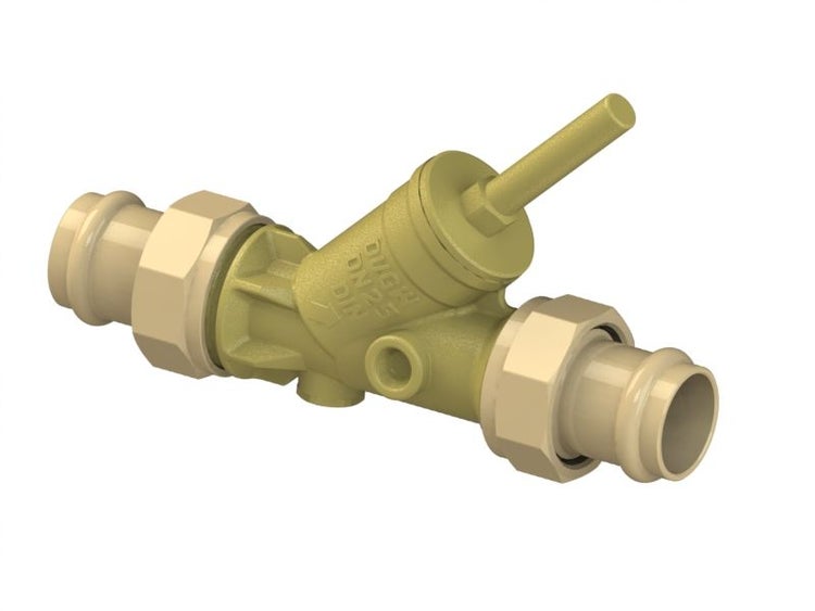 KFR-Schrägsitzventil aus Messing mit beidseitigem Pressanschluss für Trinkwasserinstallationen.