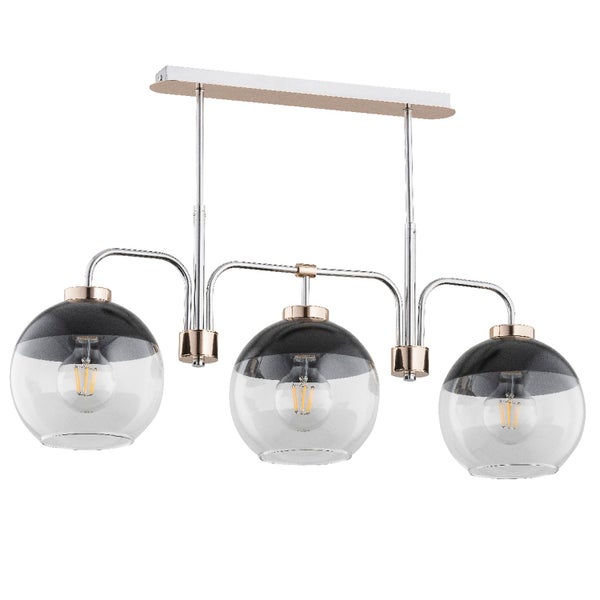 Moderne Pendelleuchte mit drei Glaskugeln und Metallgestell zur Deckenmontage im Wohnzimmer.