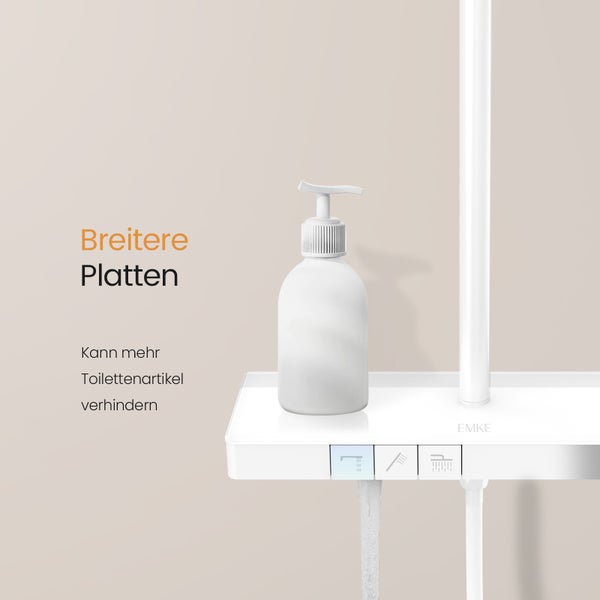 Seifenspender auf einer Ablage mit Wasserhahn und Brausefunktion