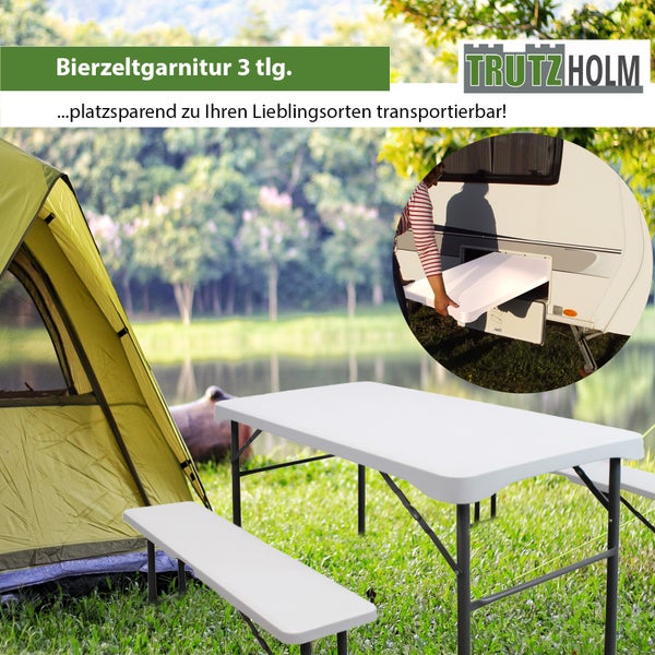 Trutzholm 3 teilige Bierzeltgarnitur klappbar auf Campingplatz mit Zelt und Wohnwagen