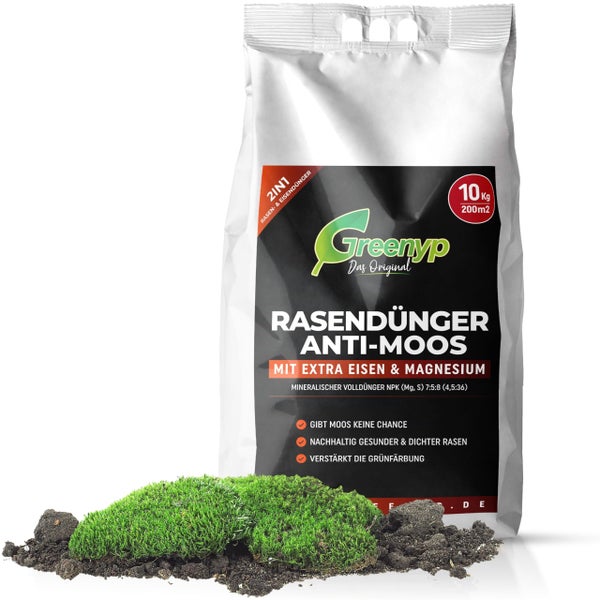 Greenyp Anti Moos Rasendünger I 2in1 Rasen- & Eisendünger 10kg für 200m² | Für Rasenflächen mit Moos | Rasendünger + Eisensulfat I Frühjahr bis Herbst