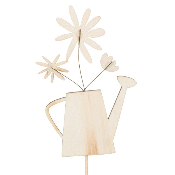 Dekorative Gießkanne aus Holz mit Blumensteckern