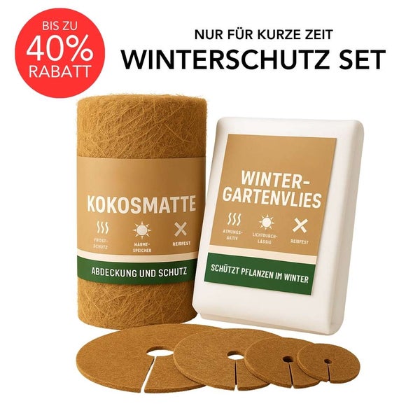 Winterschutz Set mit Kokosmatte, Wintergartenvlies und Kokosbaumscheiben zur Pflanzenabdeckung im Winter.