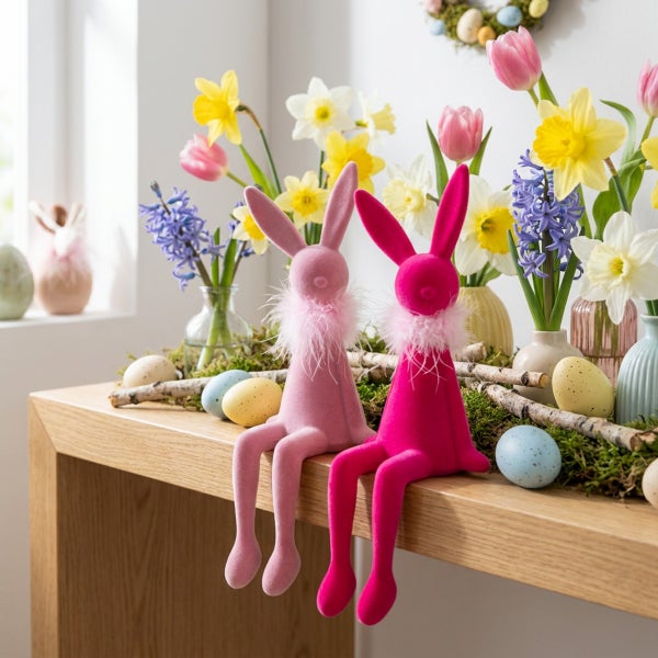 Zwei Osterhasen aus beflocktem Material mit Federkragen als Tischdekoration auf einem Holztisch mit Frühlingsblumen und Ostereiern.