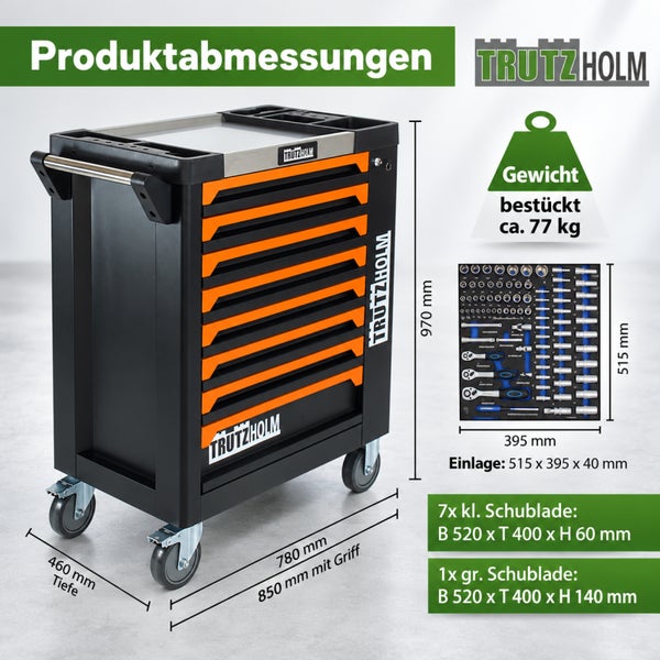 Trutzholm Werkstattwagen mit Werkzeugset und Maßangaben in Millimetern sowie Gewichtsangabe von circa 77 Kilogramm.