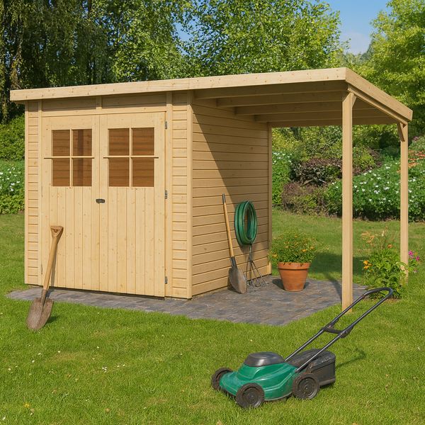 Gartenhaus aus Holz mit Pultdach, Doppeltür mit Fenstern und integriertem Anbaudach in einem Garten mit Rasenmäher und Werkzeugen.