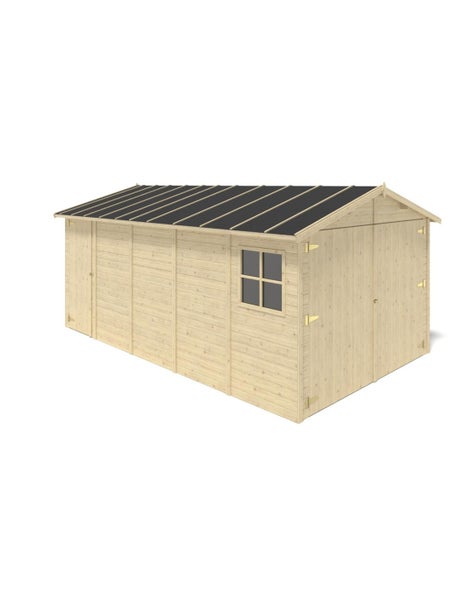 Großes Gartenhaus aus Holz mit Satteldach, Doppeltür und einem Fenster in Blockbohlenbauweise für die Lagerung von Gartengeräten.