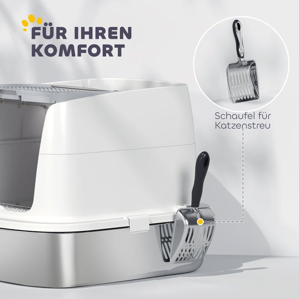 Edelstahl-Katzenklo mit Haube und integrierter Halterung für die Katzenstreu-Schaufel aus Metall.