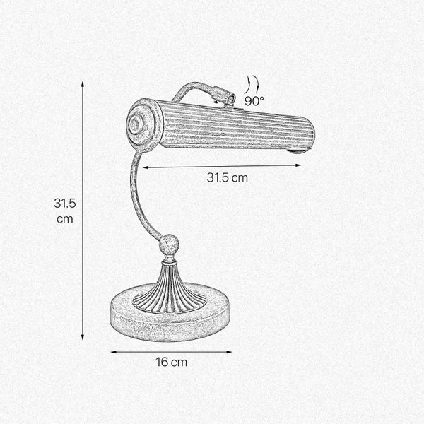 Technische Zeichnung einer Tischleuchte mit den Maßen 31,5 cm Höhe, 31,5 cm Länge des Lampenkopfes und 16 cm Durchmesser des Fußes.