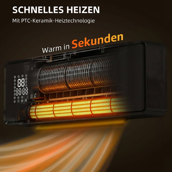 Wandheizlüfter mit PTC Keramik Heiztechnologie für schnelles Heizen mit digitaler Anzeige und Timer Funktion.