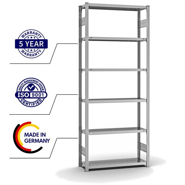 PROREGAL Fachbodenregal Stecksystem T-Profil Light-Duty Grundregal HxBxT 250 x 100 x 30 cm 6 Ebenen Fachlast 150 kg Beidseitig Nutzbar Verzinkt