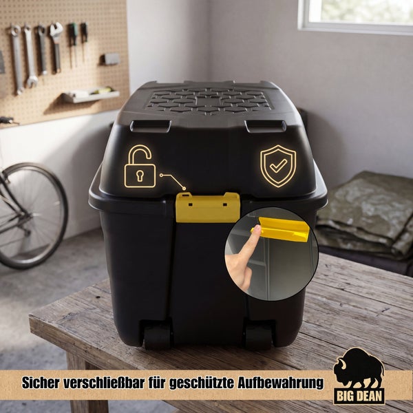 Transportbox mit Rädern und Verschlussmechanismus für sichere Aufbewahrung. Big Dean Logo.
