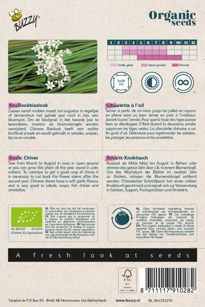 Buzzy Organic Seeds Packung Knoblauch Schnittlauch mit Anbauinformationen und Bio-Siegel