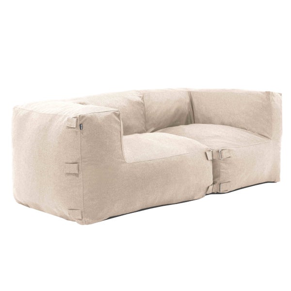 Beige modulares Outdoorsofa aus Stoff mit Verbindungsschlaufen.