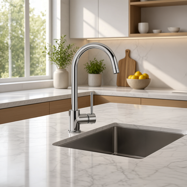 Moderne Küchenarmatur in Chromoptik mit hohem Auslauf auf einer Kücheninsel mit Marmorarbeitsplatte und integriertem Edelstahlspülbecken.