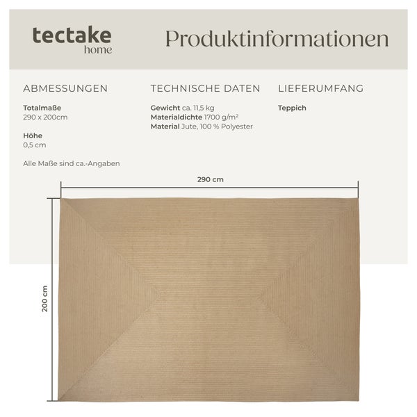 Geflochtener Teppich tectake strapazierfähig und pflegeleicht verschiedene Größen 200 x 290 cm
