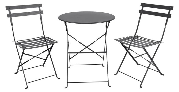 Dreiteiliges Balkon-Set aus Metall in Anthrazit mit einem runden Klapptisch und zwei Klappstühlen.