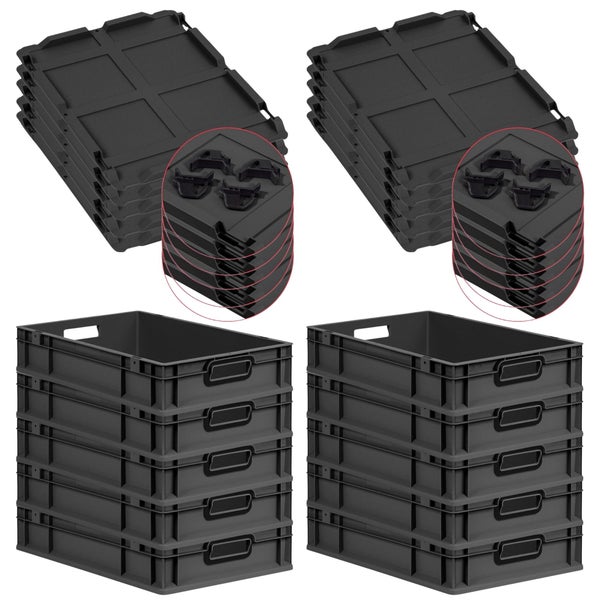PROREGAL SparSet 10x Eurobox NextGen Color mit Auflagedeckel und Schiebeschnappverschlüsse, HxBxT 12x40x60cm, 23 Liter, Schwarz, Griffe schwarz offen, Eurobehälter, Transportbox, Transportbehälter, Stapelbehälter