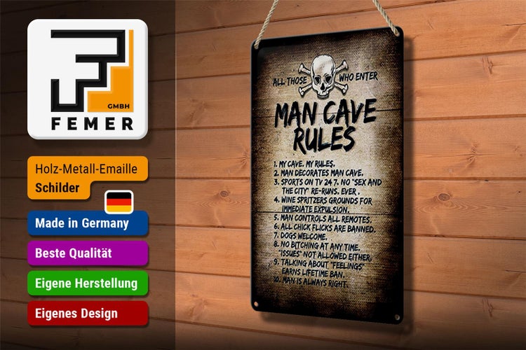 Blechschild Spruch 20x30cm man cave rules Totenkopf