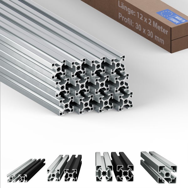 Aluminiumprofile im Stapel und Karton mit dem Aufdruck Made in Europe