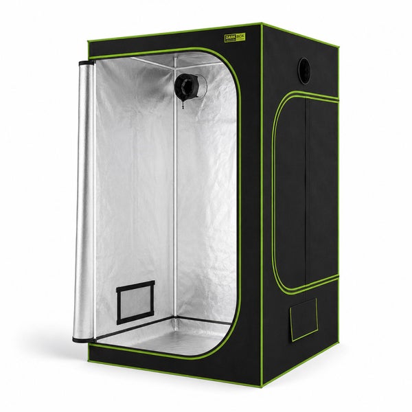 Schwarzes Dark Box Growzelt mit grünen Akzenten, silberner reflektierender Innenbeschichtung und Belüftungsöffnungen für den Pflanzenanbau.