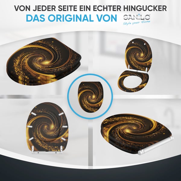 Sanilo WC Sitz mit Galaxie Motiv inklusive Befestigungsmaterial in verschiedenen Ansichten dargestellt.