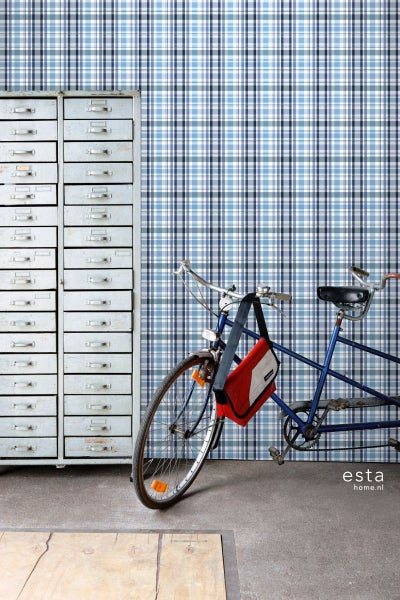 Raumansicht mit blau karierter Tapete, Fahrrad und Metallschrank
