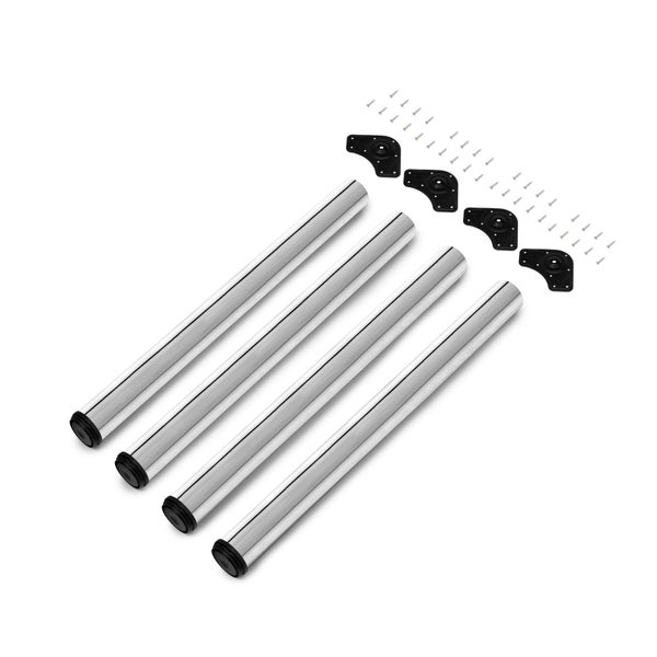 Set aus vier runden Möbelbeinen aus Metall mit Montageplatten und Schrauben zur Befestigung an Möbelstücken