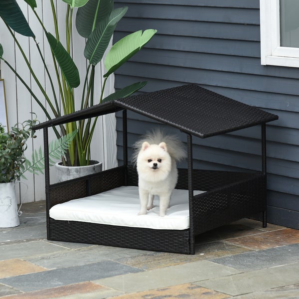 PawHut Rattan Hundehaus mit Kissen, 69 x 98 x 70 cm, Kunststoff, Kaffee-Braun