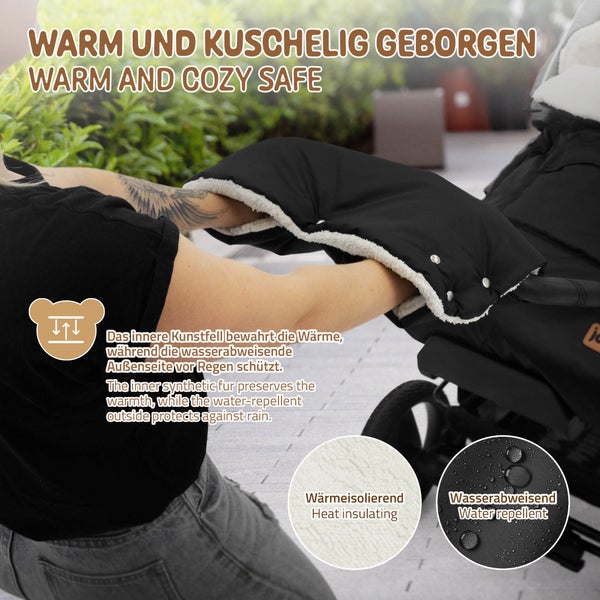 Joyz Kinderwagen Handwärmer, Schwarz, Kinderwagenmuff mit Warm Flanell Innenseite, Muff Atmungsaktiv Wasserdicht Winddicht, Handmuff Handschuhe Universalgröße für Kinderwagen & Buggy, Schutz der Hände