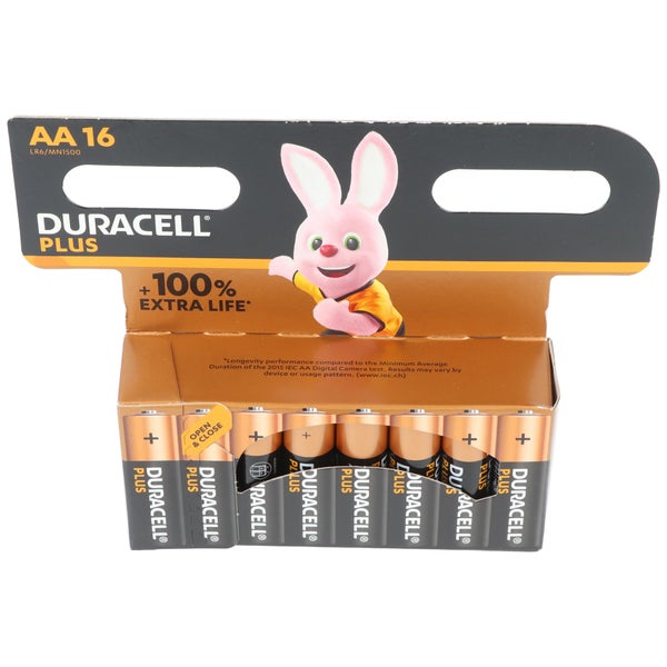 Duracell Batterie Alkaline, Mignon, AA, LR06, 1.5V Plus, Extra Life, Retail Blister (16-Pack)